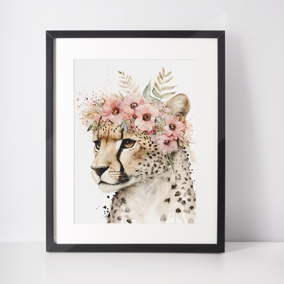 Cute Floral Cheetah Watercolor Wall Art Illustration Print Poster Card Unframed - Picture 3 of 8